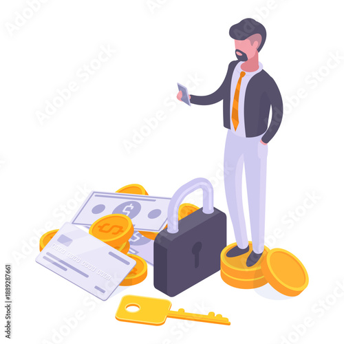 Money security. Isometric businessman protect savings or investments, financial security on smartphone screen 3d vector illustration. Online money safety concept