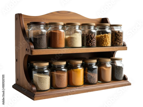 A wooden spice rack filled with various spices