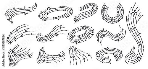 Stardust traces. Hand Drawn shiny star swirl, glowing comets and starry sparkles tails flat vector illustration set. Isolated doodle shine stardust swirl collection