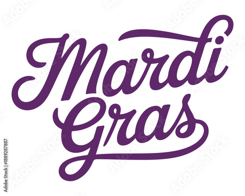 Mardi Gras Purple Calligraphy on White Background