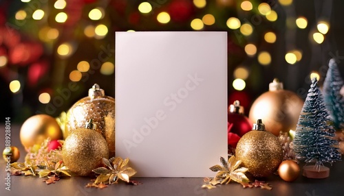 A Festive Christmas Mockup Of A Blank Vertical Card With A Gold Border Surrounded By Ornaments And Bokeh Lights A Magical And Elegant Holiday Template