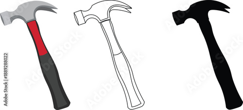 Hammer Tool Icon Vector Set in Color, Outline and Silhouette Style for Construction and DIY Design