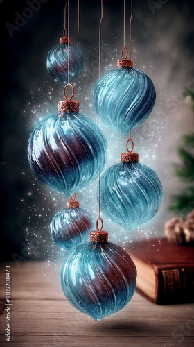 Decorative Holiday Ambiance, Warm And Reflective Holiday Scene With Vintage Book And Ornaments, Festive Decor Featuring Blue Glass Ornaments And Vintage Book Creating Cozy Holiday Atmosphere
