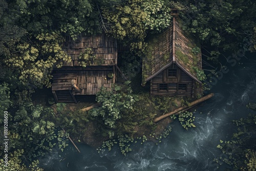 Forest cabin retreat with wooden porch overlooking river, autumn colors enhancing warmth. Detailed DnD exploration battlemap.