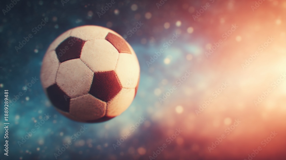 Fototapeta premium Soccer ball floating in space with colorful background and light effects