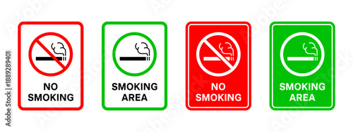 Smoking signs. No smoking prohibition and smoking area permission signs with text. Cigarette symbols for public places and indoor areas. Tobacco use rules, safety warnings and information signs.