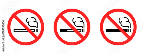 No smoking sign icon set. Prohibition signs with cigarette and smoke symbol. Smoking forbidden notice for public places and indoor areas. Tobacco restriction and safety warning for buildings.