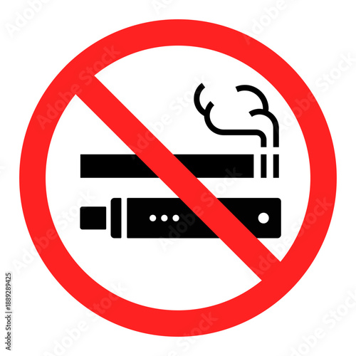 No vaping sign icon. Prohibition symbol with electronic cigarette and vapor. Vaping forbidden notice for public places. E-cigarette ban and tobacco restriction warning sign.