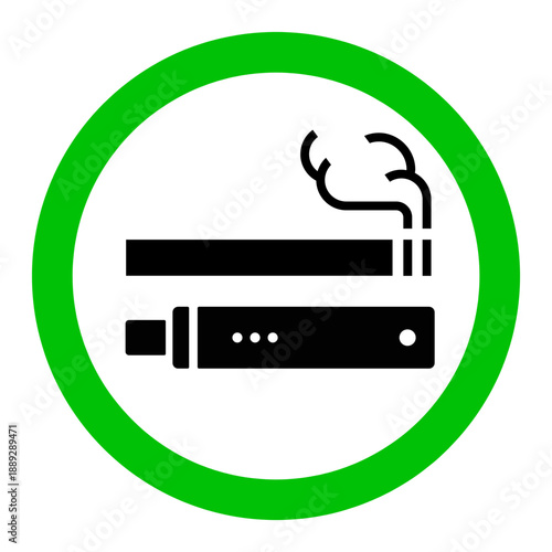 Vaping allowed sign icon. Electronic cigarette with vapor inside green circle. Permission sign for vaping area or designated zone. Public place notice for e cigarette use. Indoor vaping area rule.