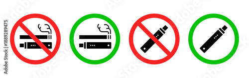 Smoking and vaping signs icon set. No smoking and smoking allowed signs with cigarette and e cigarette symbols. Prohibition and permission signs for public places. Tobacco and vaping rules.