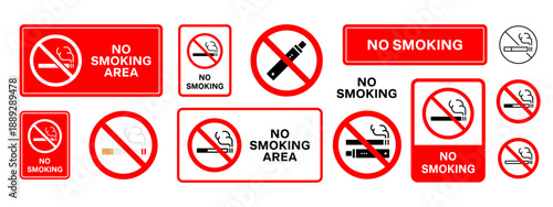 No smoking sign collection. Prohibition signs with cigarette, electronic cigarette and smoke symbols and text. Smoking forbidden notices for public places. Tobacco restriction signs for indoor areas.