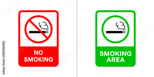 No smoking and smoking area sign icon. Prohibition and permission signs with cigarette symbol and text. Public place signage for tobacco use rules. Indoor area smoking regulation and information.