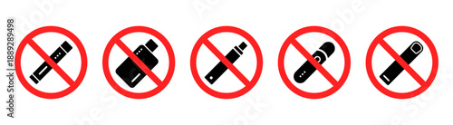No vaping sign icon set. Prohibition signs with electronic cigarette symbol. Vaping forbidden notices for public places. Ban and restriction signs for e cigarette use in indoor areas.