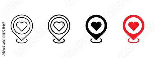 Favorite location icon set. Map pin with heart for saved and loved places. Navigation and gps location icons for maps, travel apps, dating services and user interface design. Clean vector signs.