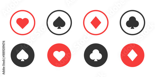 Playing card suit icons set. Hearts, spades, diamonds and clubs symbols in circle shapes. Casino and poker card signs for games, gambling interfaces, betting apps and card design.