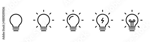 Light bulb icon set showing idea and inspiration concepts. Creative thinking, innovation and solution symbols. Energy and insight pictograms for business concepts, brainstorming and startup visuals.