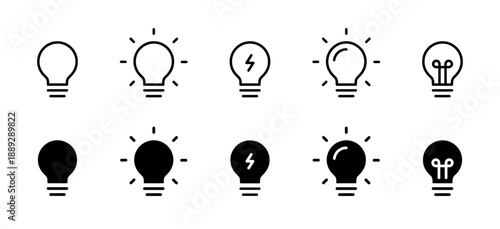 Light bulb icon set. Idea and inspiration symbols with outline and filled styles. Creativity, innovation and insight concept. Energy, solution and thinking sign for business ideas and startups.