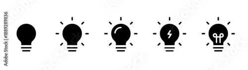 Light bulb icon set solid. Idea and inspiration symbols showing creative thinking and innovation. Energy, insight and solution concepts for business ideas, startups and strategic decision making.
