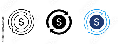 Money cycle icon set with dollar coin and circular arrows. Cash flow, payment return and currency exchange concept. Financial transaction, income and profit symbol for business and finance.
