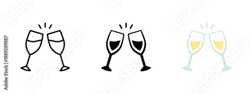 Champagne glasses icon set with clinking toast. Sparkling wine drink symbol for celebration and festive events. Party, success and holiday concept with alcohol beverage pictogram.