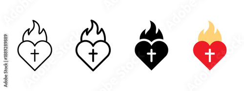 Sacred heart icon set with cross and flame. Christian faith and religion symbol. Spiritual devotion, belief and worship concept. Holy love, prayer and church sign in filled and outline styles.