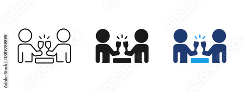 People meeting icon with clinking glasses at table. Champagne toast and wine drink symbol. Celebration, party and social event concept. Communication, friendship and success pictogram.