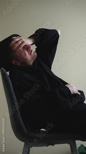 A sad man with symptoms of depression.
Suffering and grief.
A man cries over a loss.