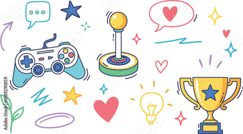 Hand drawn doodle illustration of a joystick, controller, trophy, and various gaming elements in a vibrant and playful design