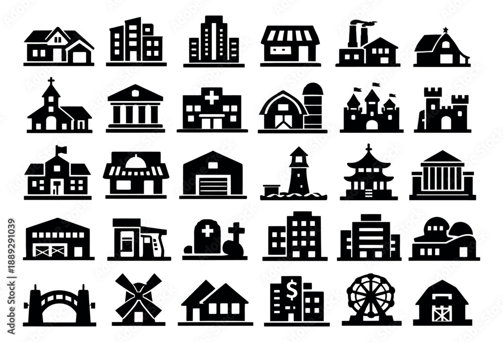 Naklejka premium Simple architectural icons set featuring various buildings and city structures for design projects