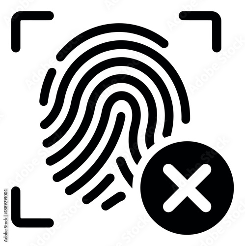 Solid icon illustration of a fingerprint scan error depicting authentication failure for security and access control
