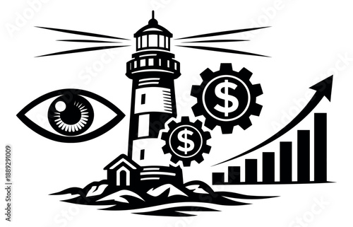 Conceptual graphic elements set featuring a lighthouse, an eye, dollar gears, and an ascending bar chart for financial guidance and strategic oversight