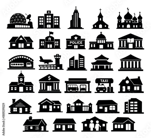Flat silhouette building icons set featuring diverse architectural structures for urban and community concepts
