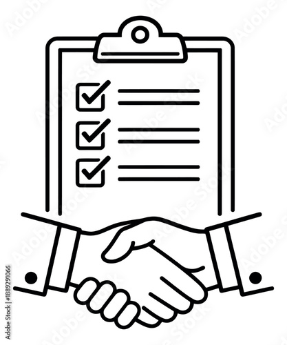 Line art illustration of a business agreement depicting a handshake and completed checklist for partnership success