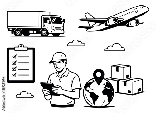 Hand drawn line art logistics icon set featuring a delivery truck, airplane, checklist, courier, globe, and shipping boxes for global delivery and transportation services