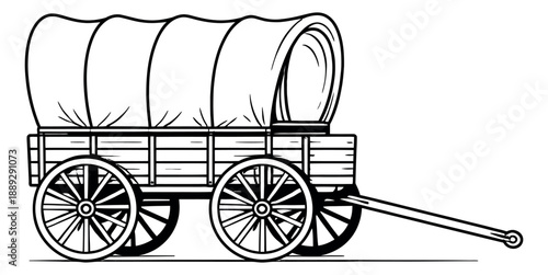 Hand drawn line art illustration of a covered wagon depicting an old western transport for historical and travel concepts