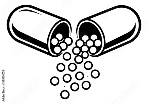 Line art illustration of a split pill capsule depicting small beads spilling out for health care concepts