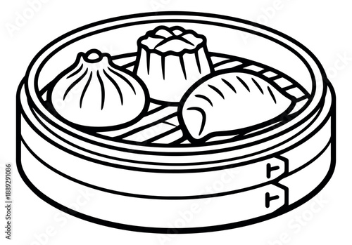 Line art dim sum set featuring assorted dumplings in a bamboo steamer for asian cuisine concepts