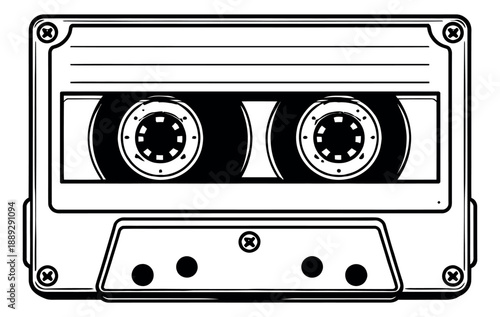 Line art illustration of an audio cassette depicting a vintage music recording device for retro entertainment