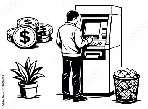 Line art daily life elements set featuring a man using an ATM, dollar coins, a houseplant and a wastebasket for financial services and office environments