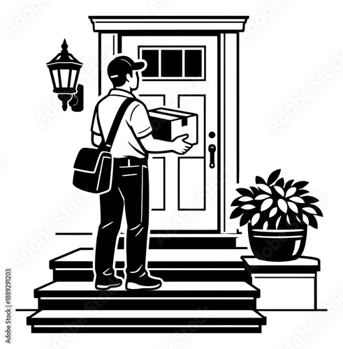 Clean line art illustration of a delivery person depicting a courier delivering a parcel for home delivery service
