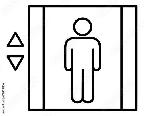 Line art illustration of an elevator sign depicting a person inside with up and down arrows for building navigation