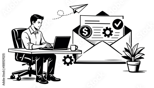 Hand drawn line art illustration of a businessman managing online communication and tasks for digital business and email marketing