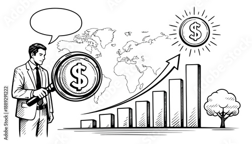 Hand drawn line art illustration of a businessman depicting global financial growth and market analysis for business success and economic development concepts