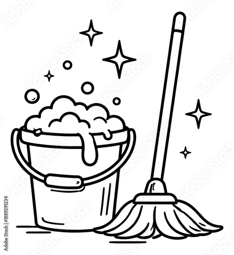 Hand drawn line art illustration of a cleaning bucket and mop depicting soapy foam and sparkles for hygiene concepts