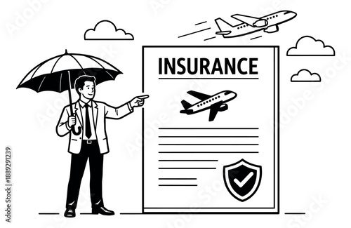 Line art illustration of a businessman with an umbrella depicting travel insurance and protection for financial security
