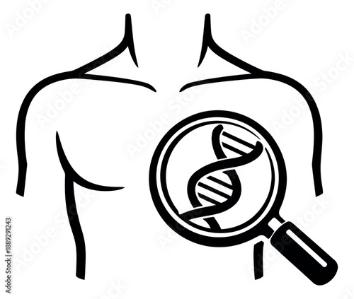 Line art illustration of human DNA depicting genetic analysis on a torso for medical research