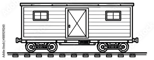 Hand drawn line art illustration of a freight car depicting a railway vehicle for logistics and shipping