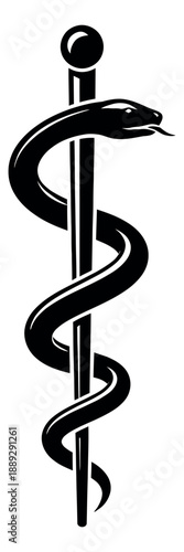 Graphic illustration of the Rod of Asclepius depicting a serpent intertwined with a staff for medical and healthcare concepts
