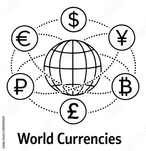 Line art global currencies set featuring a world globe and international money symbols for financial concepts