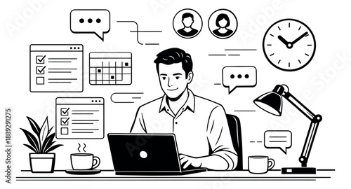 Hand drawn line art illustration of a man using a laptop depicting remote work and project management for modern business workflow